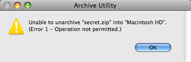 Unable to expand (unarchive) "filename.zip" into "Desktop". (Error 1 - Operation not permitted.) Apple Mac OS X