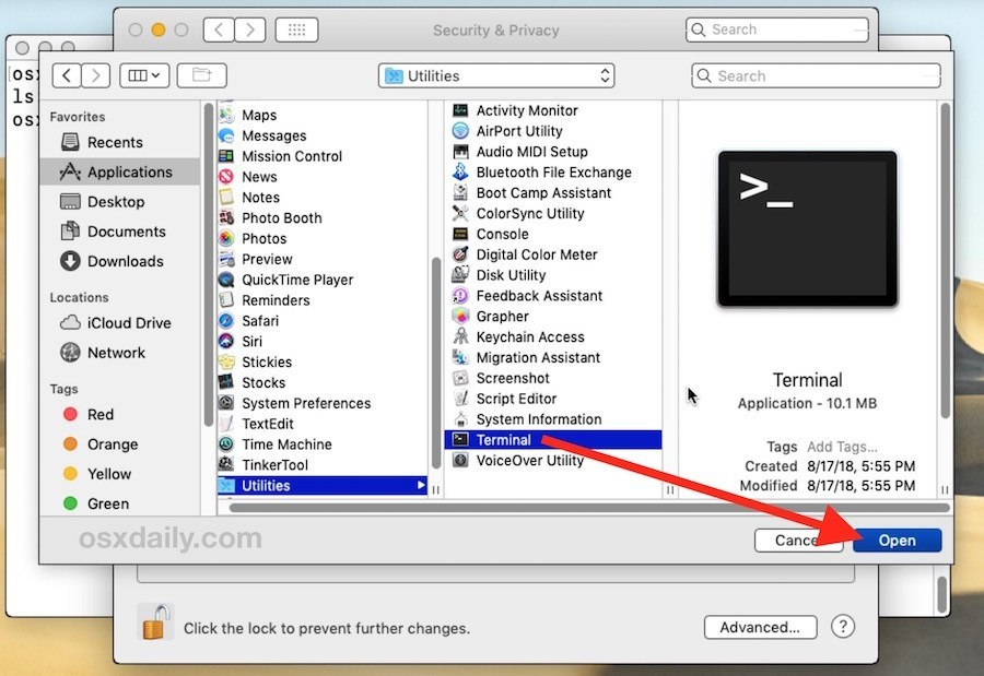 Then click Utilities. Double-click Terminal to launch Apple's native Terminal emulator.