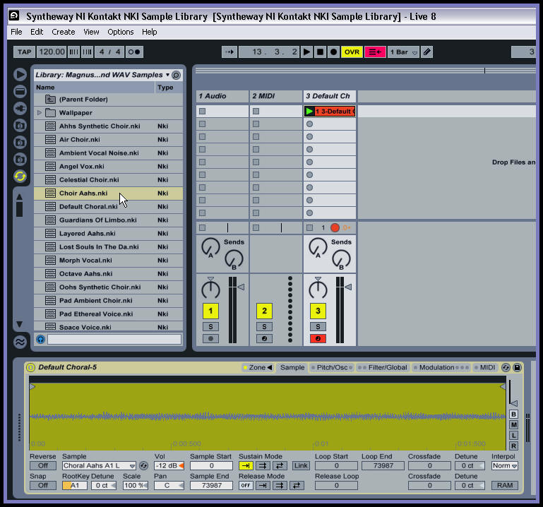 Ableton Live: Sampler (Live Suite only, not Intro or Standard) Magnus Choir NI KONTAKT NKI  Sample Library Set .exs file extension: The MIDI Tab. The MIDI tab’s parameters turn Sampler into a dynamic performance instrument. The MIDI controllers Key, Velocity, Release Velocity, Aftertouch, Modulation Wheel, Foot Controller and Pitch Bend can be mapped to two destinations each, with varying degrees of in uence. For example, if we set Velocity’s Destination A to Loop Length, and its Amount A to 100, high velocities will result in long loop lengths, while low velocities will create shorter ones. Live Sampler just imports the exs24 patch file and simply references the samples