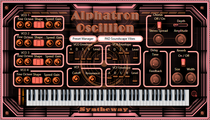 Alphatron Oscillion is a polyphonic subtractive synthesizer to produce a vast array of sounds, utilizing three main signal modules: frequency (voltage-controlled oscillator VCO), timbre (voltage-controlled filter VCF) and amplitude (voltage-controlled amplifier VCA).