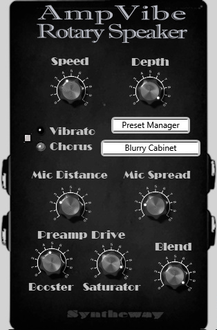 Click on to return to the main page of AmpVibe, a virtual rotary speaker effect inspired by the cabinets of vintage tonewheel organs, adding motion and grit texture to the sounds. Suitable for keyboardists and guitarists, AmpVibe is available as plugin in VST and VST3 64 bit versions for Windows as well as in Audio Unit for macOS. AmpVibe re-creates the classic Leslie or Sharma cabinets sound and Preamp Drive control adds B3 grit to the sound.