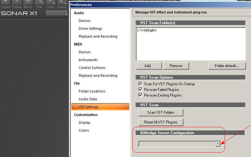 BitBridge Server Configuration: Cakewalk Sonar Preferences VST Settings