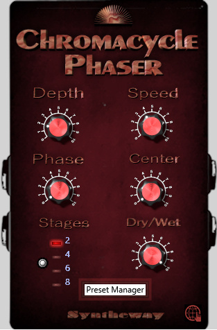 Click on to return to the main page of Chromacycle Phaser VST VST3 and Audio Unit. 8-Stage Stereo Phaser Plugin. Chromacycle Phaser is a stereo modulation effect used to filter a signal by creating a series of peaks and troughs in the frequency spectrum, that they vary over time, creating a sweeping or whooshing effect. The original signal is combined with a copy that is slightly out of phase, by using a dual low-frequency oscillator that modulates a switchable stage to two, four, six and eight serial all-pass filters. These filters passes all the frequency components at constant gain, but they provide different phase shifts at different frequencies. From a subtle warm phasing, going through watery warble phase shift with rich vibrations, to an all-out high velocity dramatic swooshing sound. Suitable effect for guitar, bass, drums, keyboards and even vocals. Available as plugin in VST and VST3 64 bit versions for Windows as well as in Audio Unit for macOS.