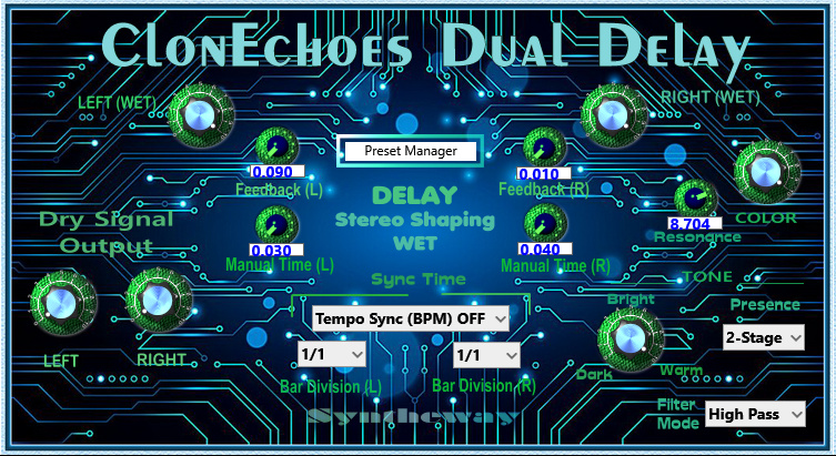 Click on to return to the main page of ClonEchoes Dual Delay VST Software from the Graphical User Interface (Screenshot)