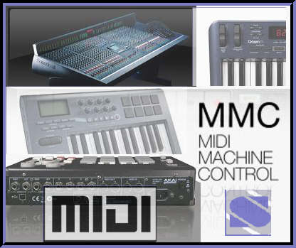 MIDI Machine Control (MMC): Group of MIDI messages used to control recorder operations such as Play, Stop, and Record. ::: A set of messages that allows a tape unit, or anything that behaves like a tape unit (such as a hard disk recording system, or DAW software) to be controlled via MIDI. The messages include the typical commands such as one might find on a professional tape unit: stop, play, record, rewind, etc. A set of more advanced commands allows for jog/shuttle and locate functions.