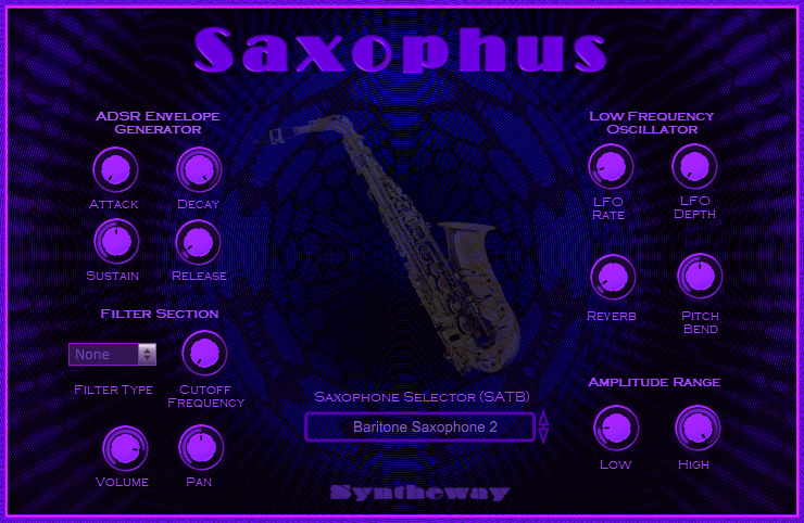 Click on to return to the main page of Saxophus Virtual Soprano Alto Tenor Baritone Saxophones VST VST3 Audio Unit Plugins Software from Graphical User Interface (Screenshot)