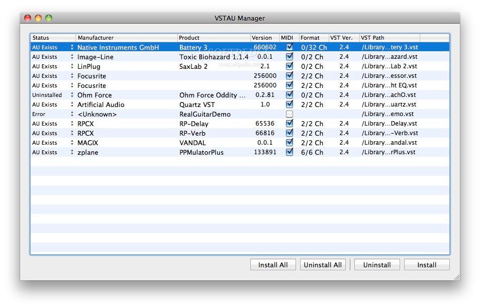 VSTAU Manager. AU are used by Apple applications such as GarageBand, Soundtrack Pro, Logic Express, Logic Pro, Final Cut Pro, MainStage and most 3rd party audio software developed for Mac OS X such as Ardour, Ableton Live, REAPER and Digital Performer.